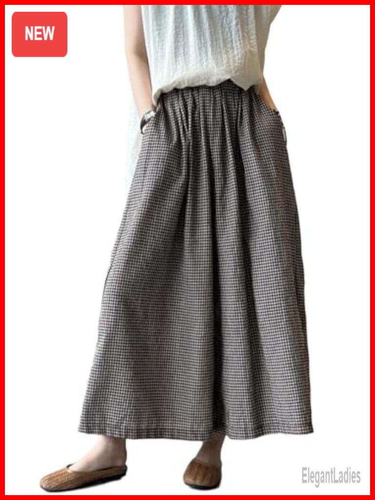 Linen Palazzo Pants Wide Leg Gingham Plaid Trousers With Pockets